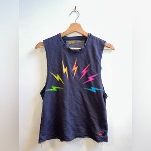 ❌SOLD❌Aviator Nation Sunset Bolt Muscle Tank Size XS Raw Hem Neon Rainbow